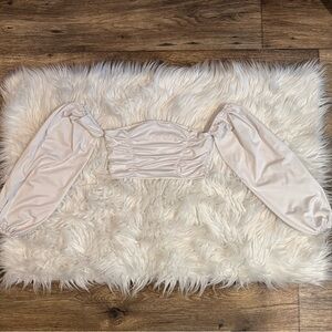 SHEIN White Satin Puff Sleeve Crop Top XS Off Shoulder Ruched Blouse